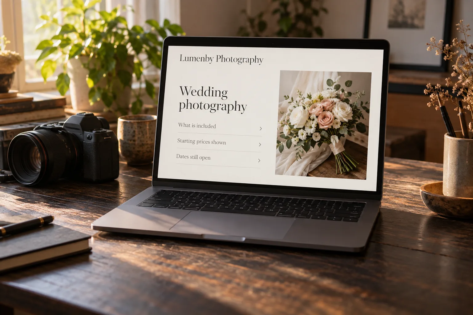 A laptop showing a Lumenby Photography wedding photography page concept