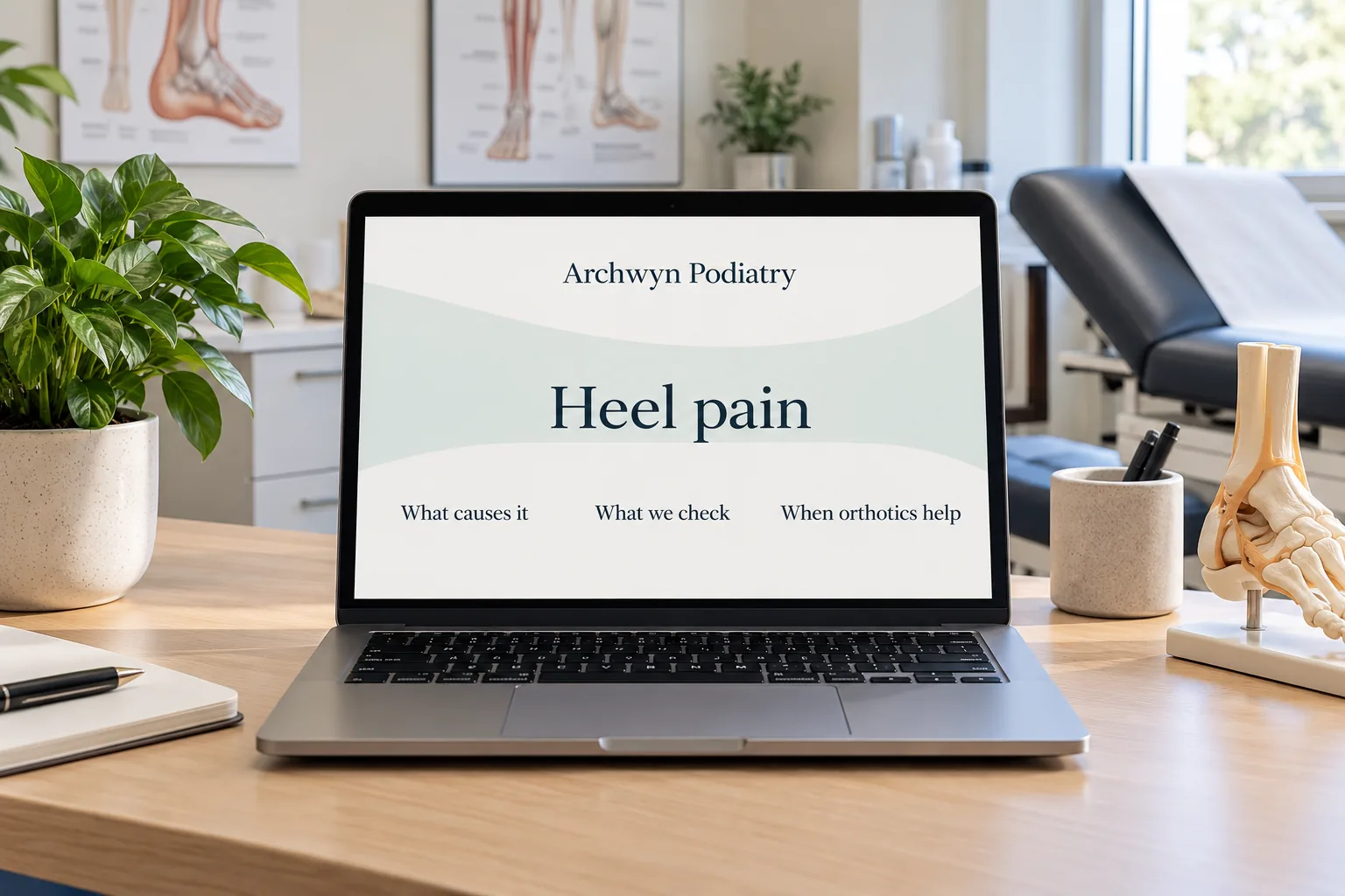 A laptop showing an Archwyn Podiatry heel pain page concept