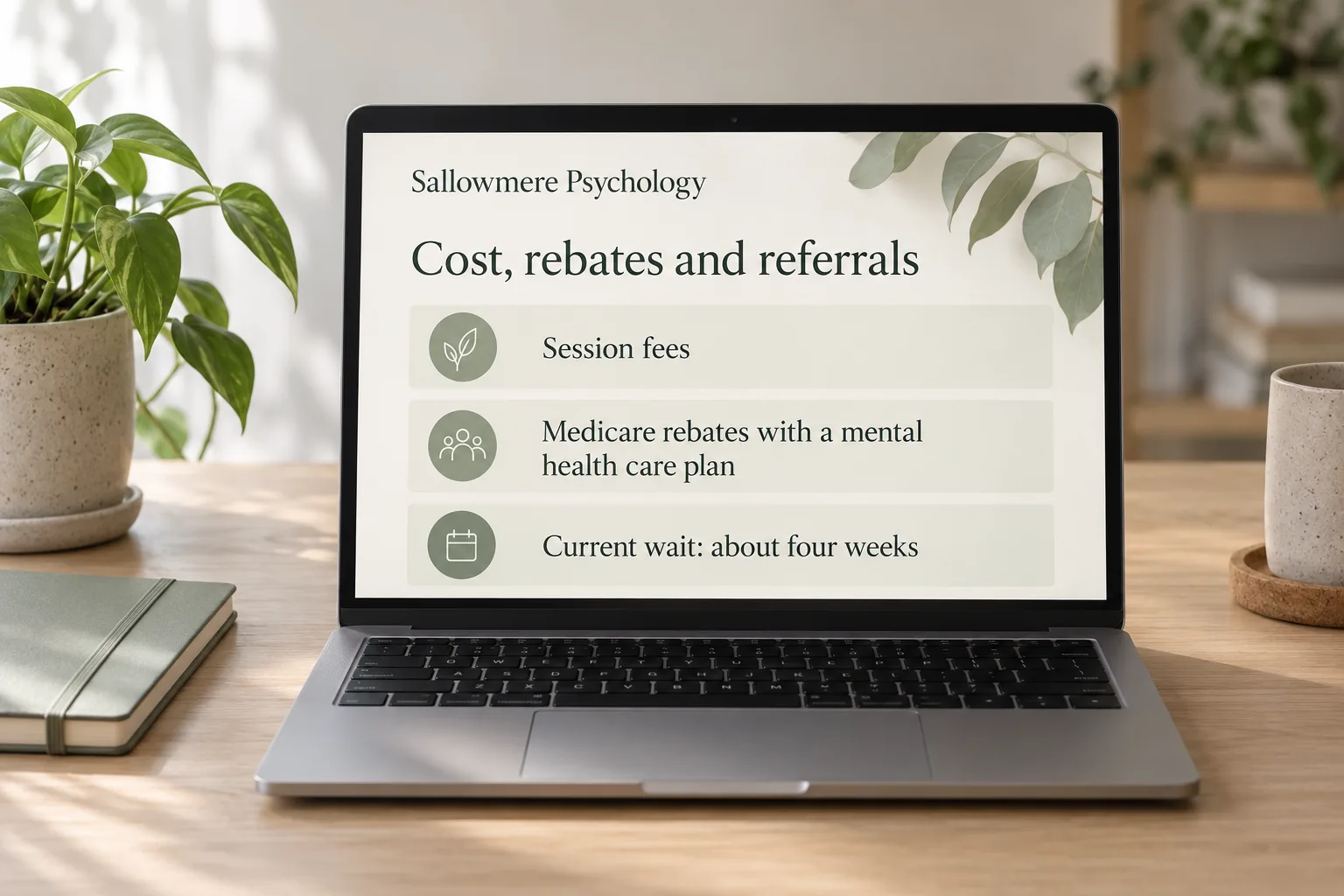 A laptop showing a Sallowmere Psychology cost, rebates and referrals page concept