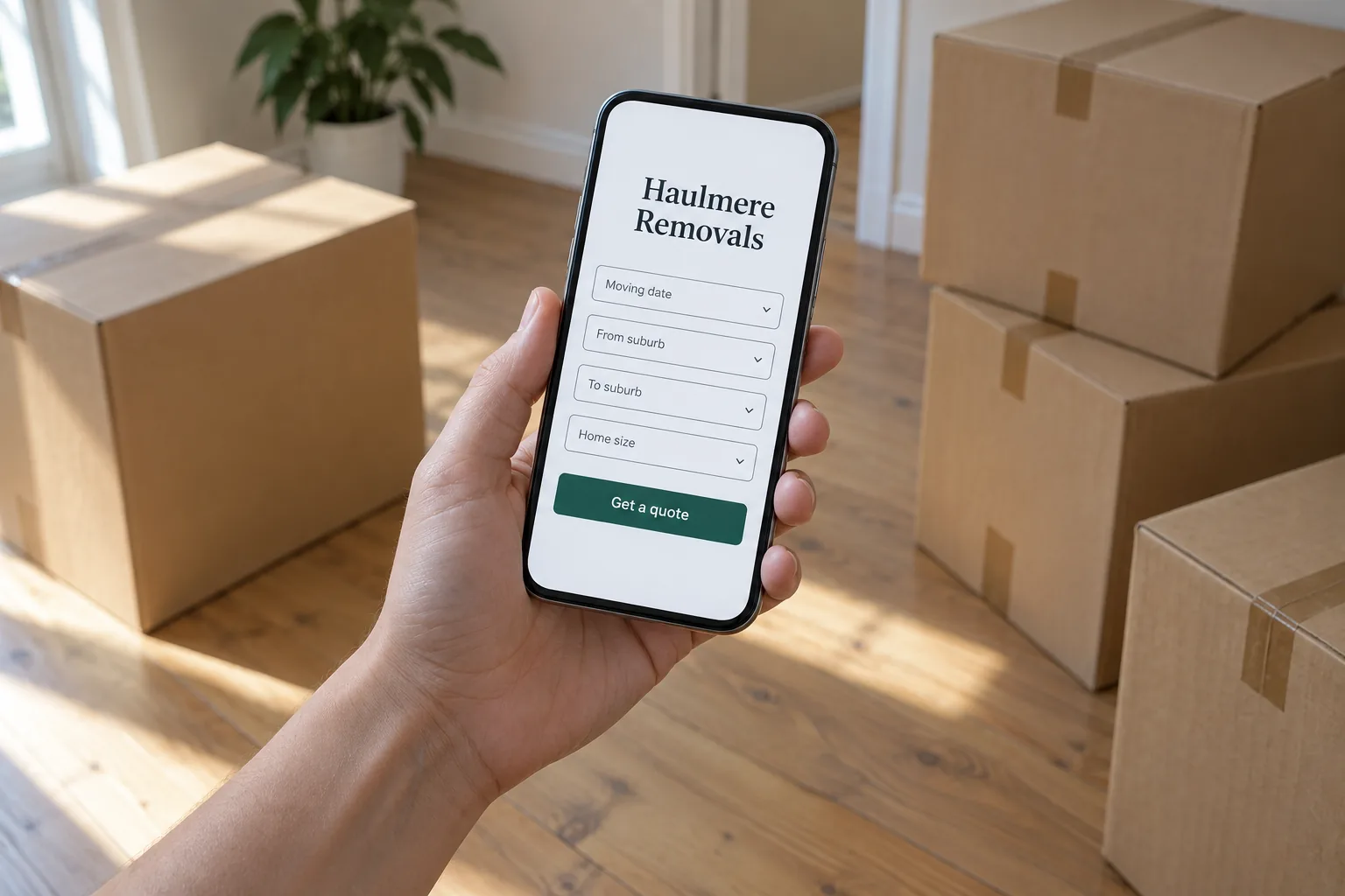 A phone showing a Haulmere Removals quote form concept