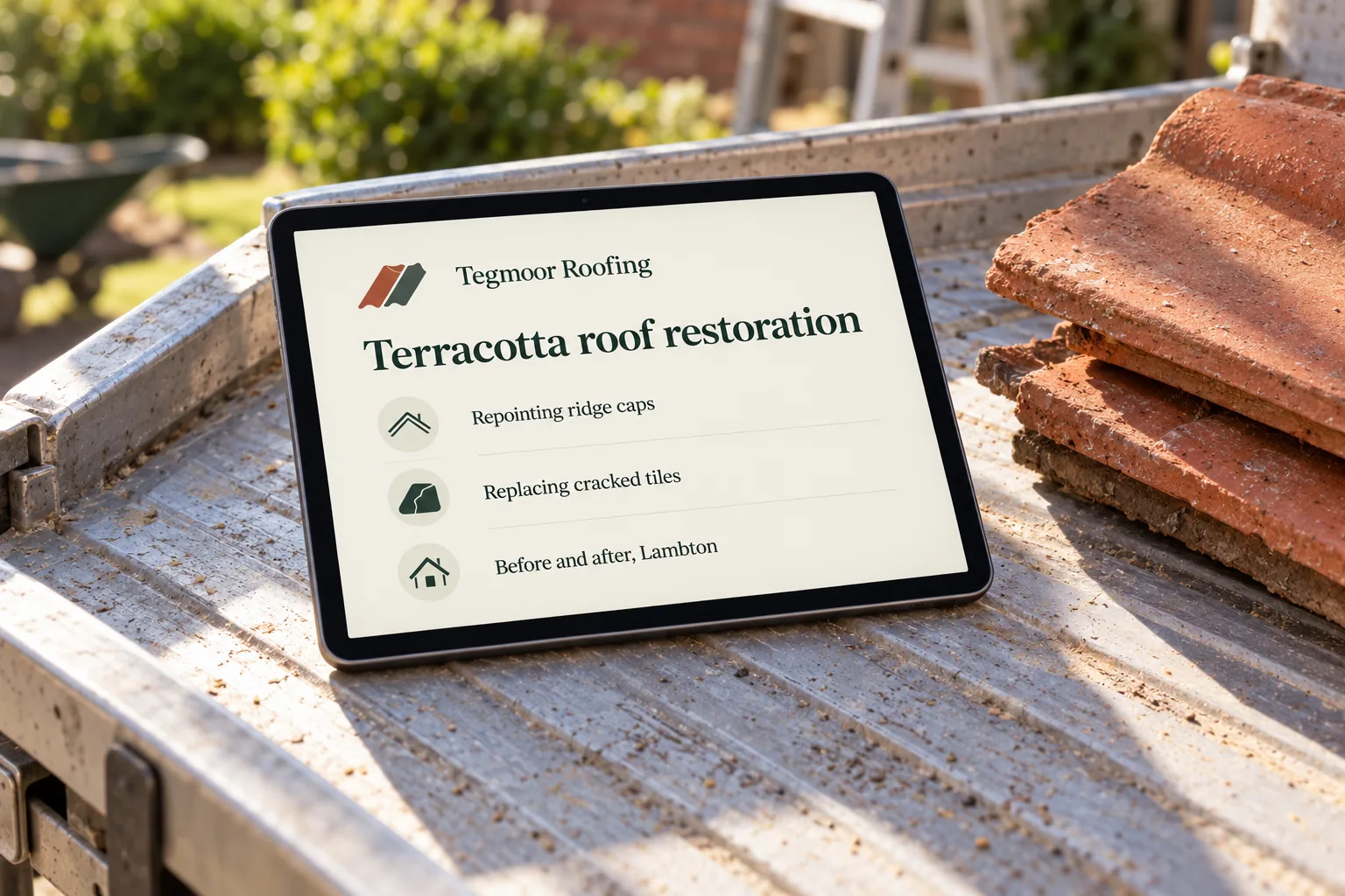 A tablet showing a Tegmoor Roofing terracotta restoration page concept