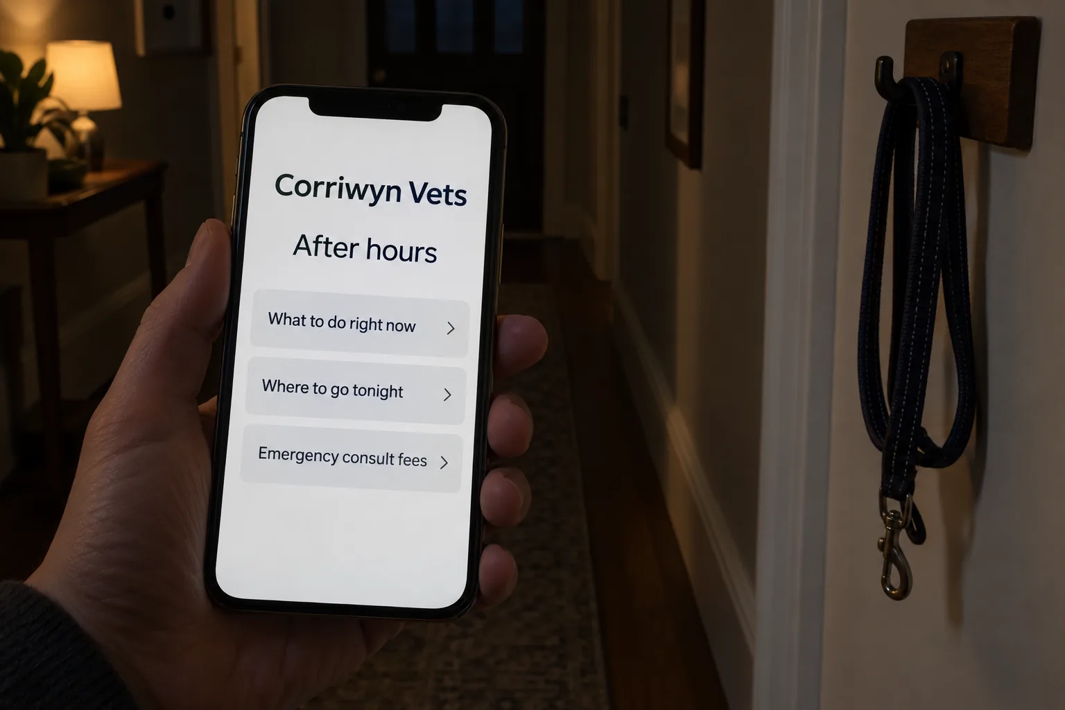A phone showing a Corriwyn Vets after hours page concept