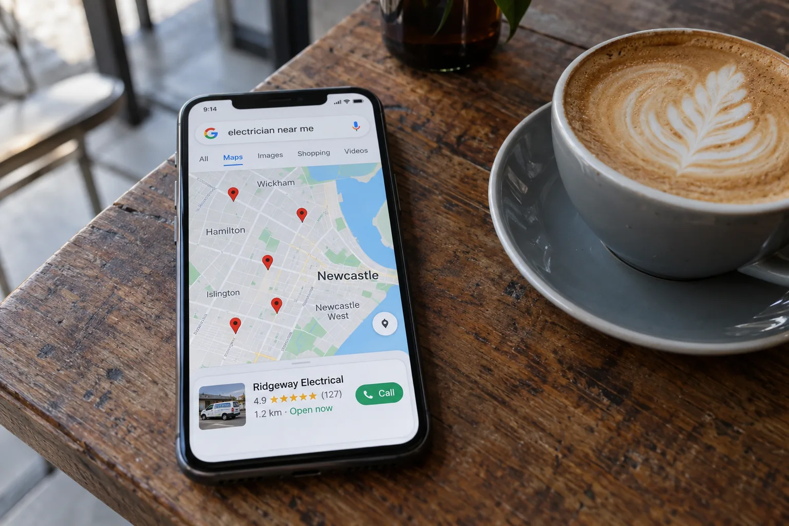 A phone on a cafe table showing a Google Maps search concept for an electrician in Newcastle