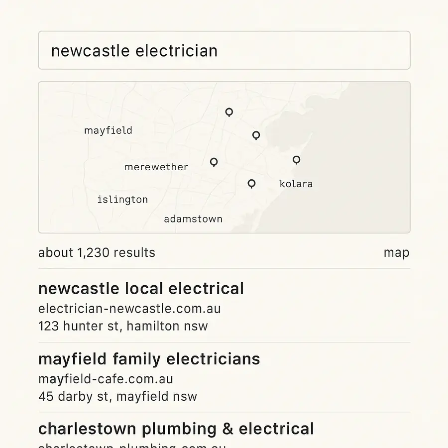 A Google results page for a Newcastle business search, showing the map at the top and the ordinary blue results underneath it