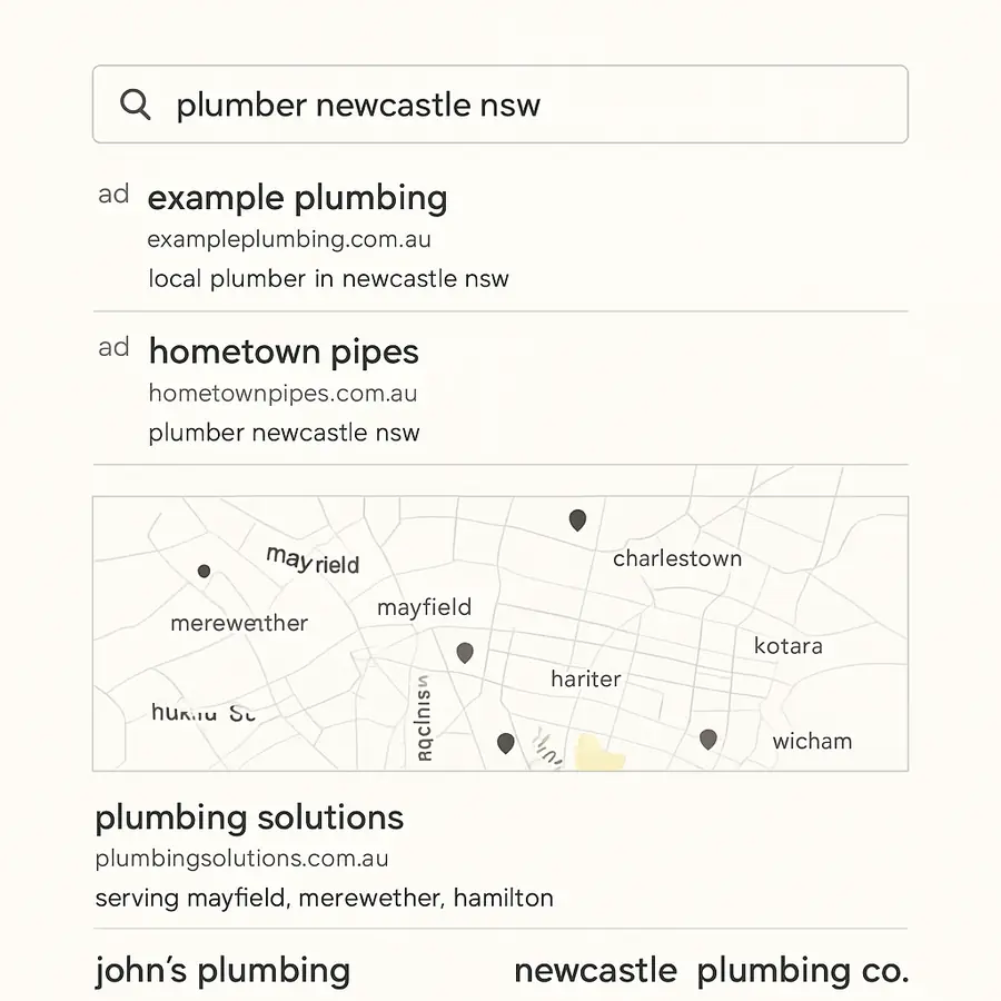 A Google results page with the advertisements marked at the top, the map underneath, and the ordinary results below both
