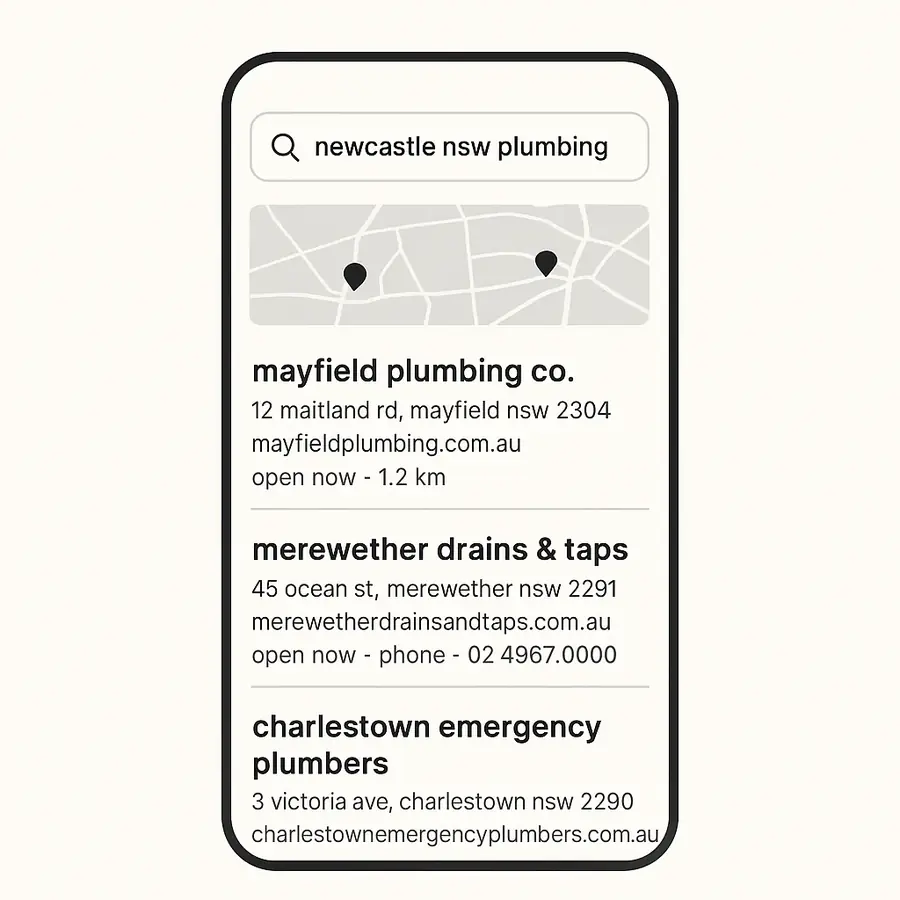 A phone showing a search for a Newcastle service, with the results scrolled past the map to the ordinary listings