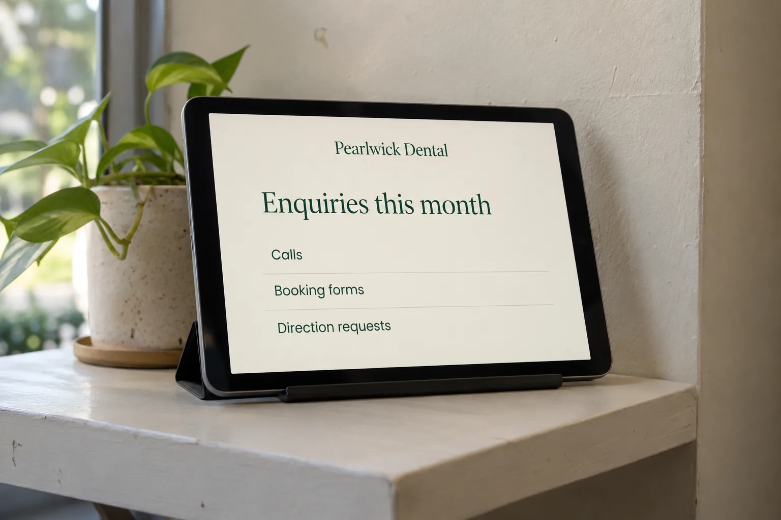 A tablet on an office shelf showing a Pearlwick Dental enquiries this month screen concept