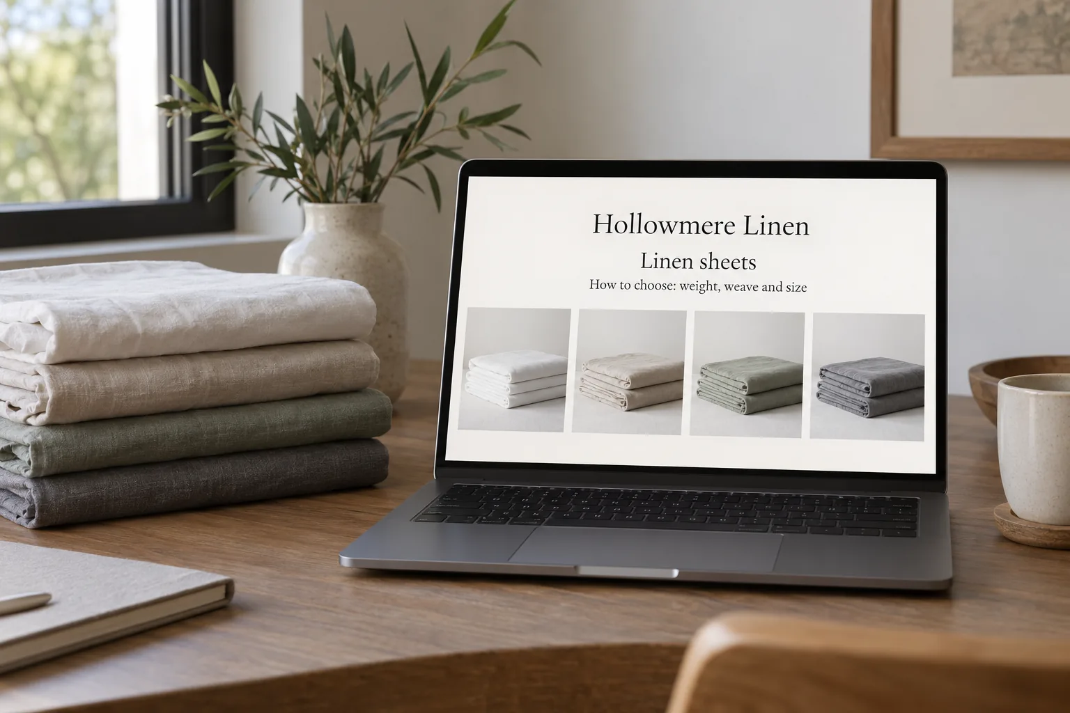 A laptop showing a Hollowmere Linen collection page concept