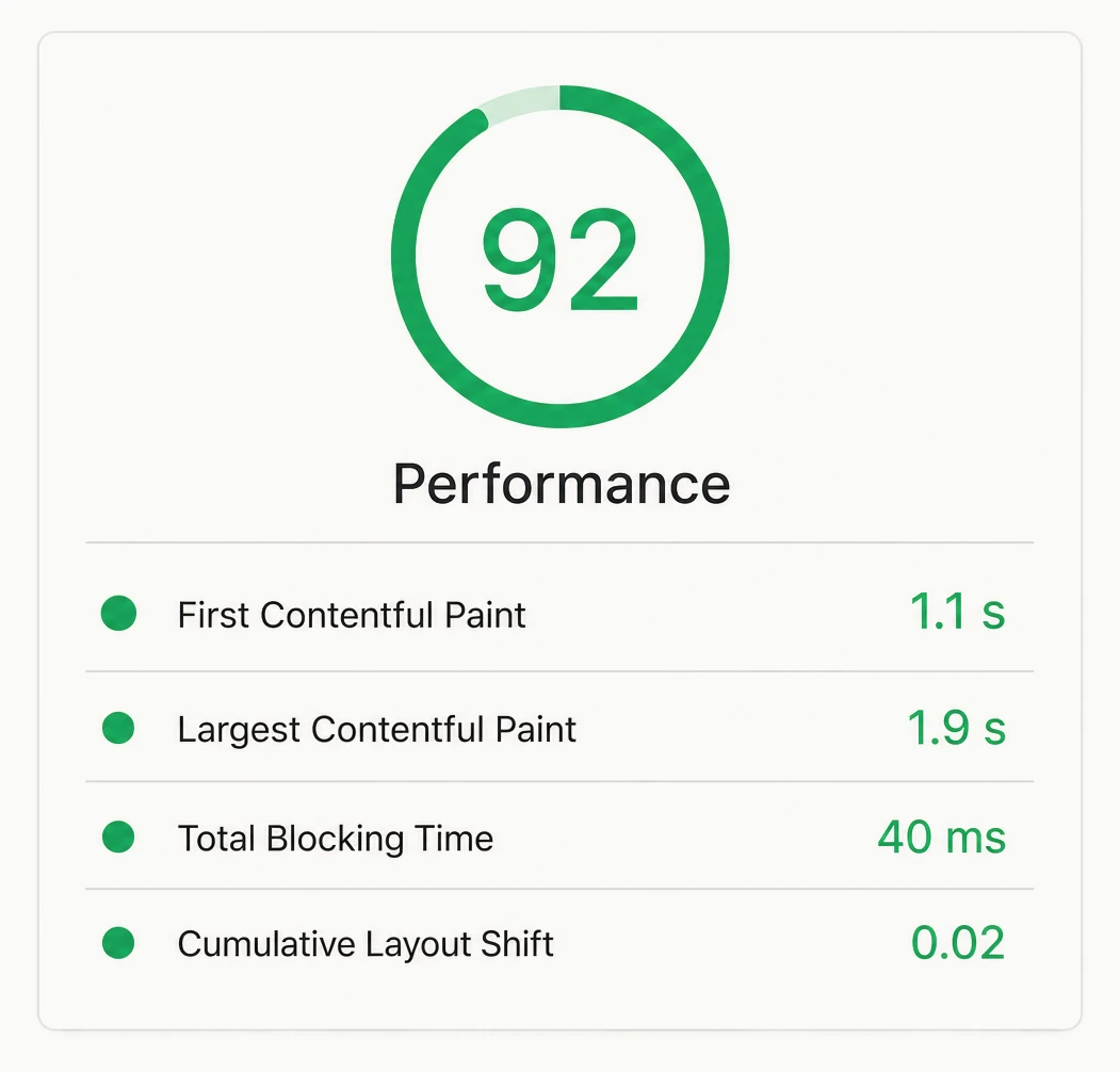 A page speed result for a small business website scoring 92, with the times it took to become readable listed underneath
