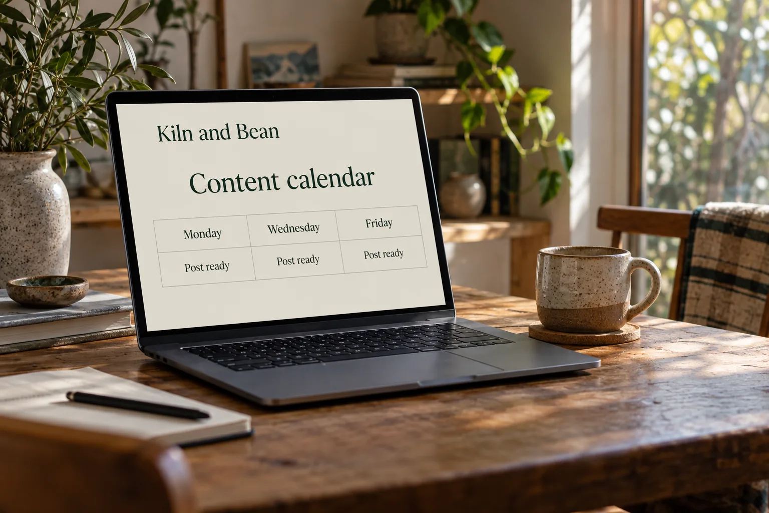 A laptop on a timber table showing a Kiln and Bean content calendar concept