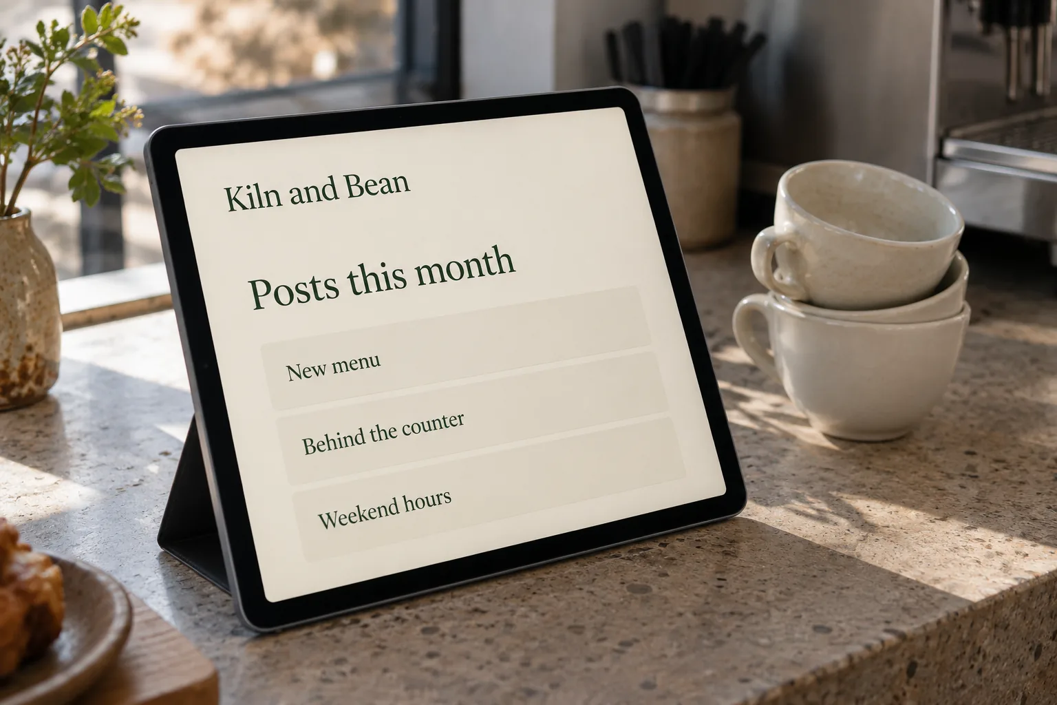 A tablet on a cafe counter showing a Kiln and Bean posts this month plan concept
