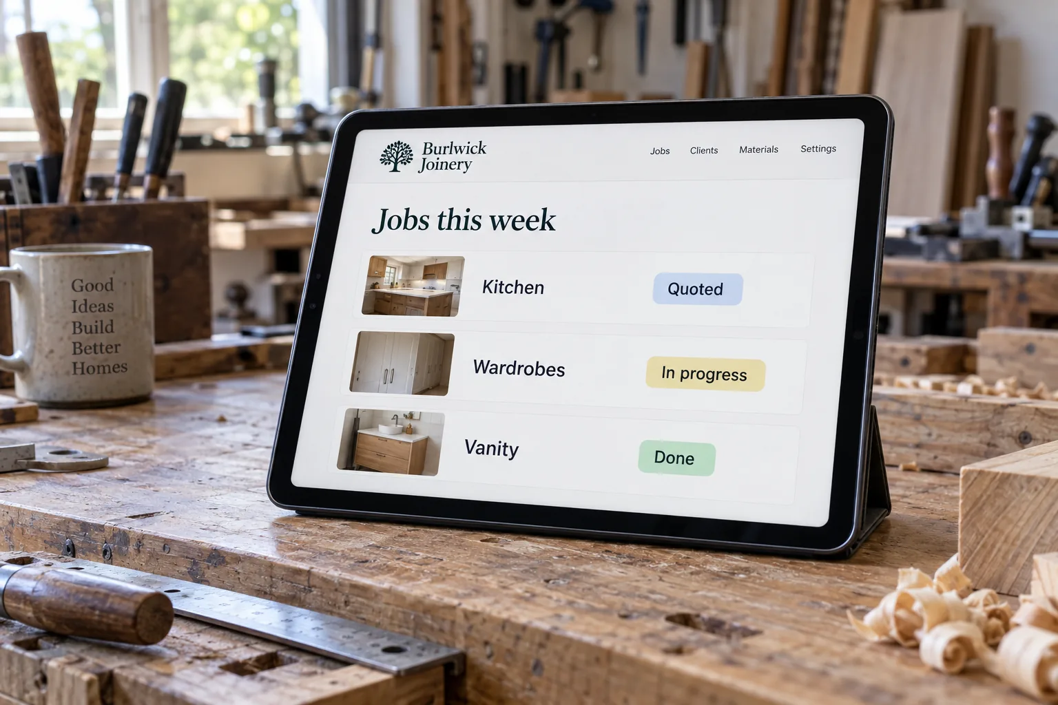 A tablet showing a Burlwick Joinery jobs this week app concept