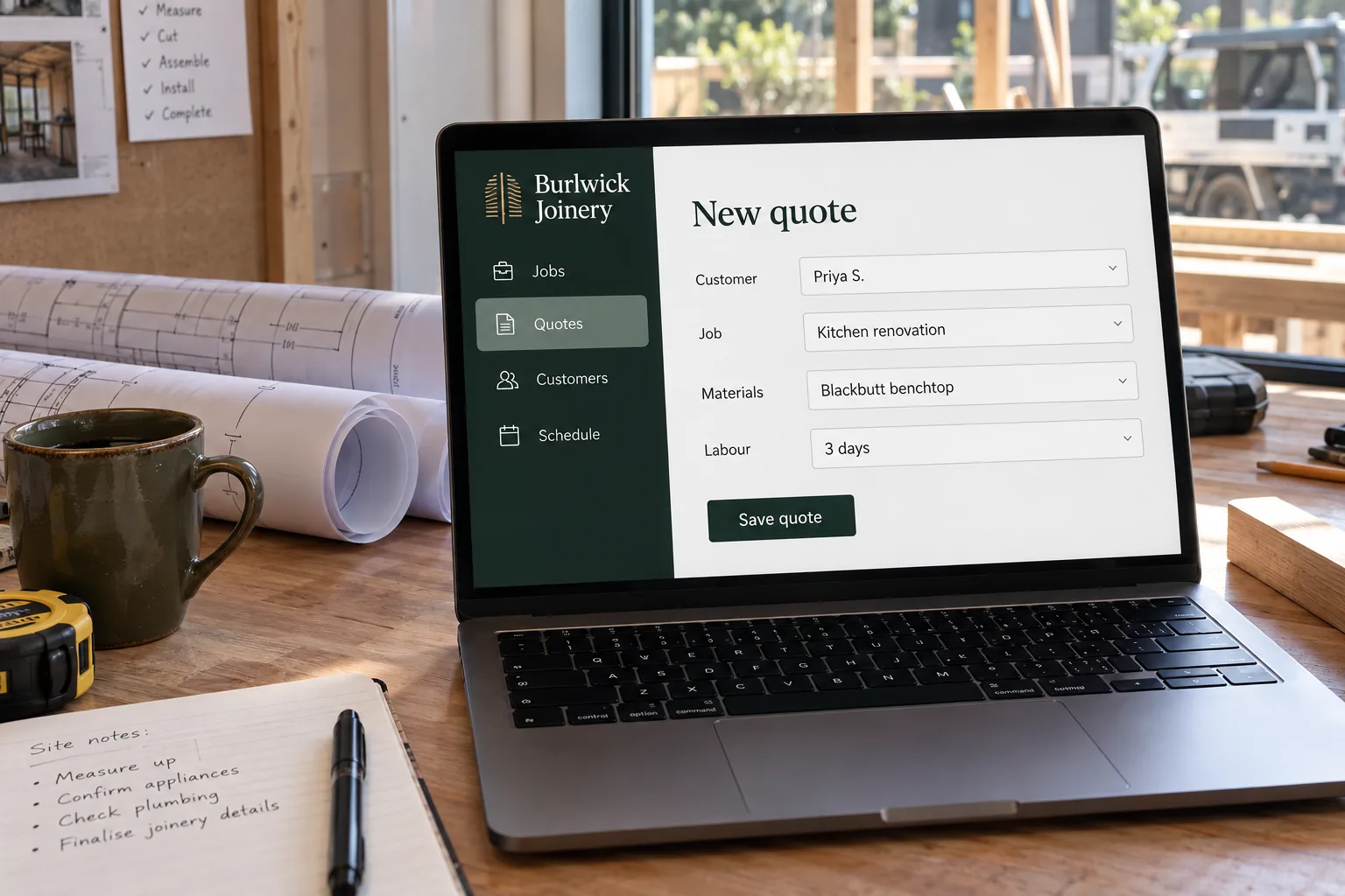 A laptop showing a Burlwick Joinery quoting app concept