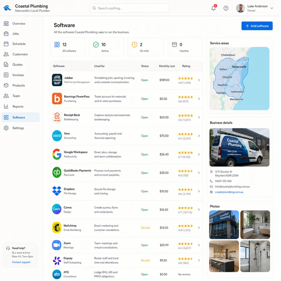 A simple business application listing jobs, customers, quotes and a schedule in one place