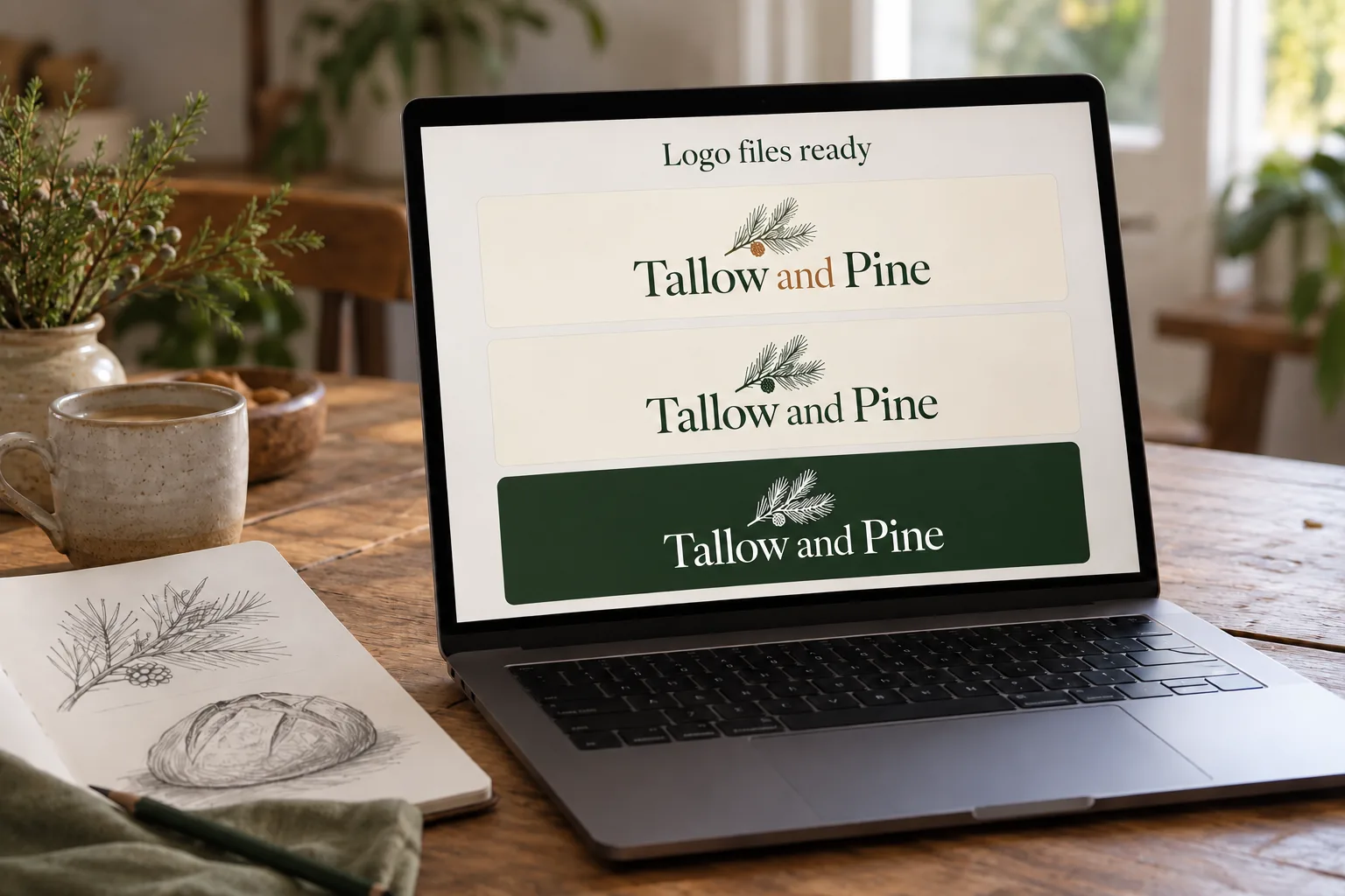 A laptop showing a Tallow and Pine bakery logo presentation in three versions concept
