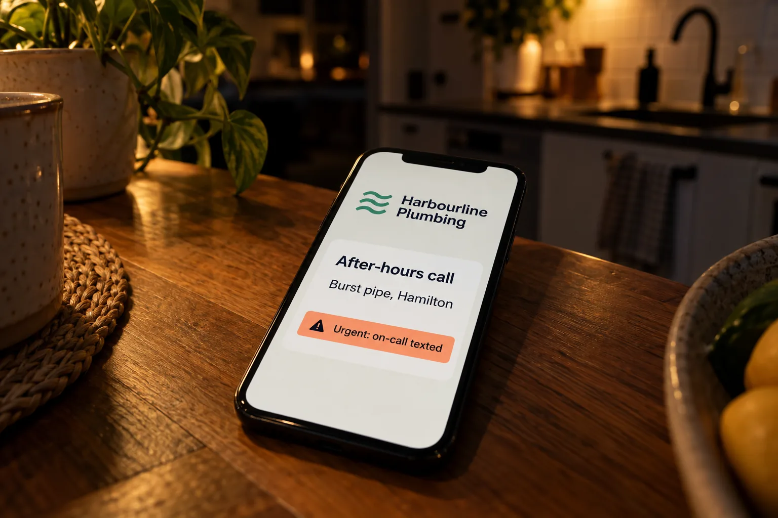 A phone on a kitchen bench at night showing a Harbourline Plumbing after-hours call screen concept