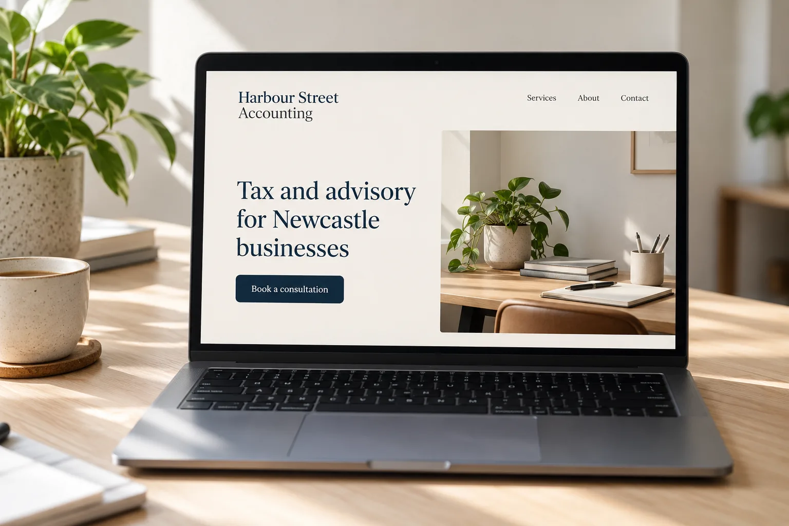 A laptop showing a Harbour Street Accounting website homepage concept