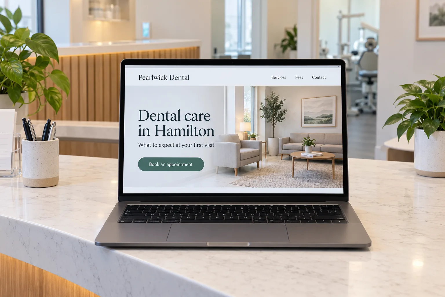 A laptop showing the Pearlwick Dental website homepage concept