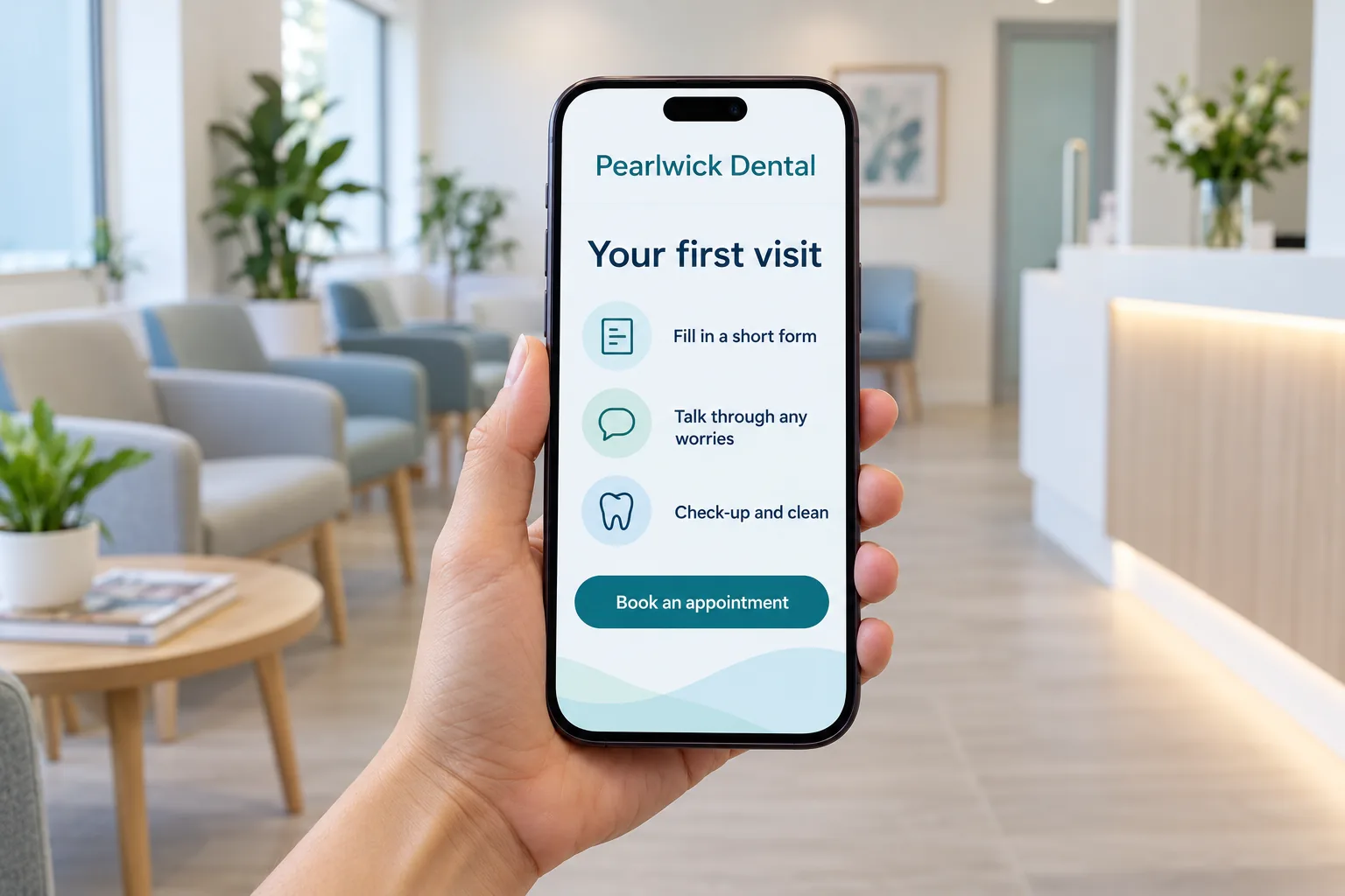 A phone showing the Pearlwick Dental your first visit page concept