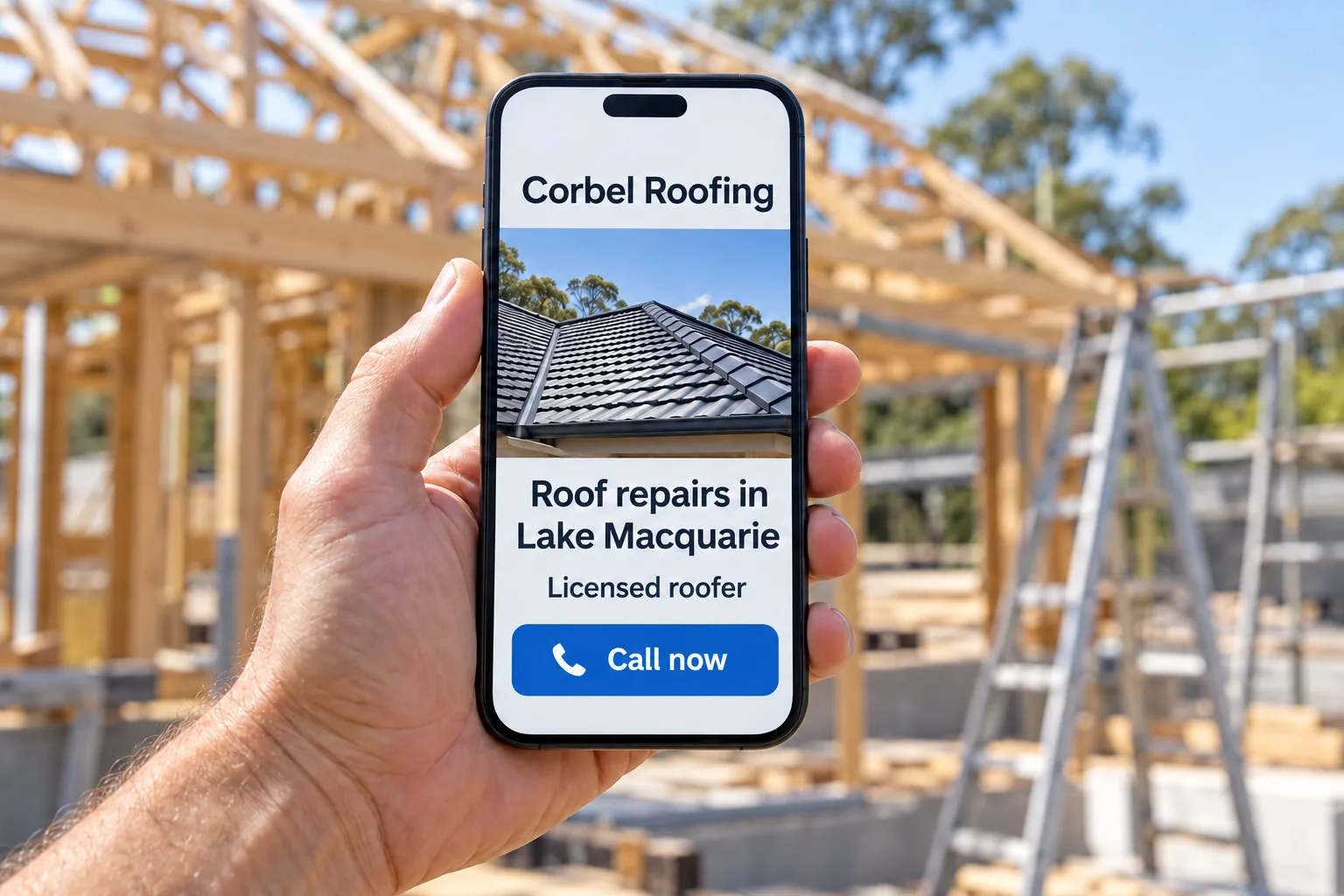 A phone showing the Corbel Roofing mobile website concept