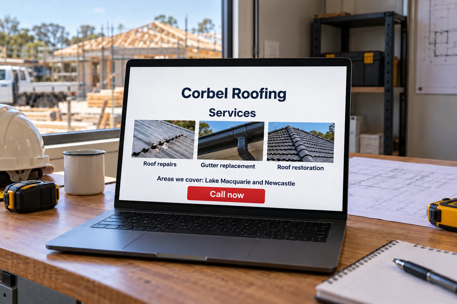 A laptop showing the Corbel Roofing website services page concept