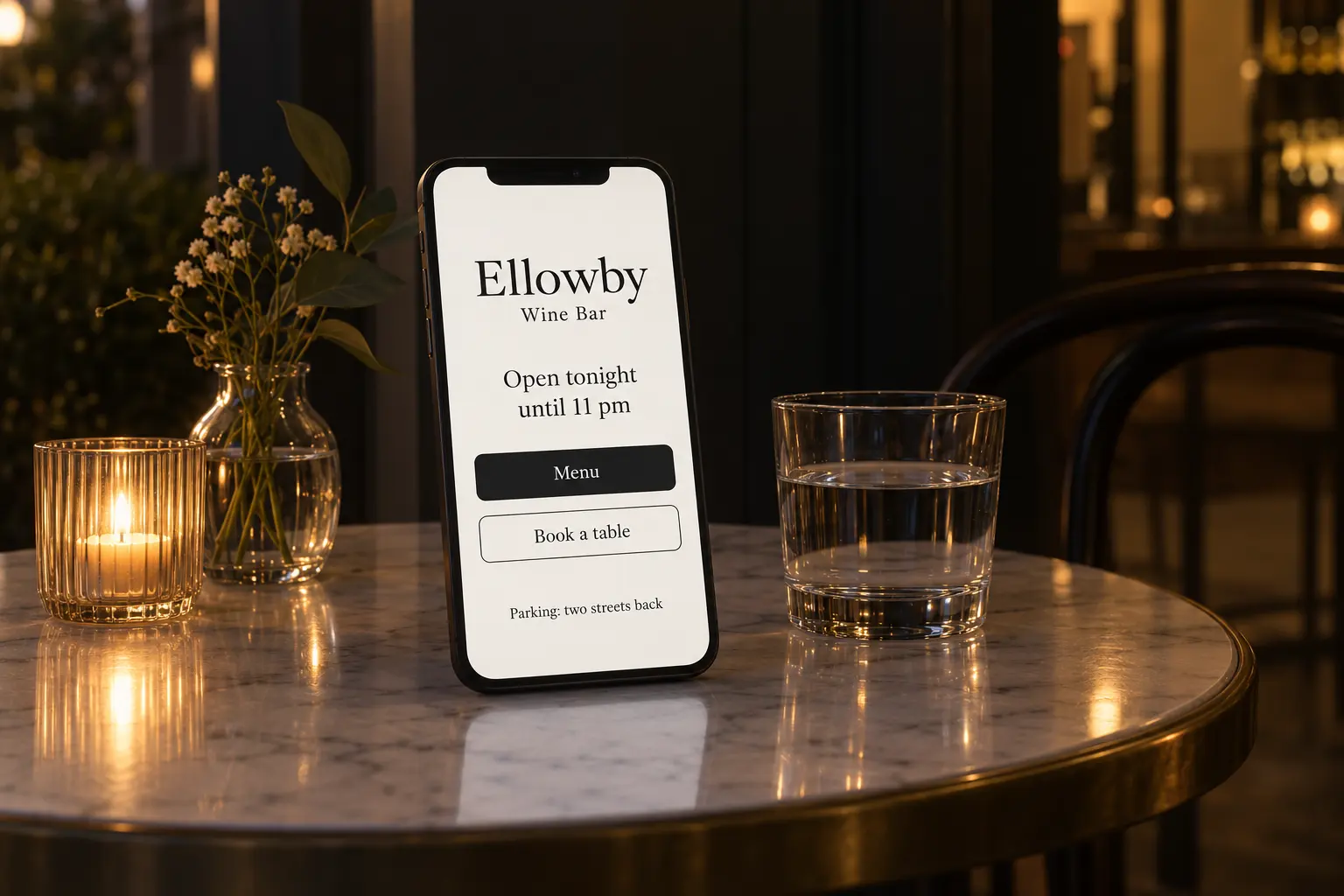 A phone on a marble cafe table showing an Ellowby Wine Bar website concept