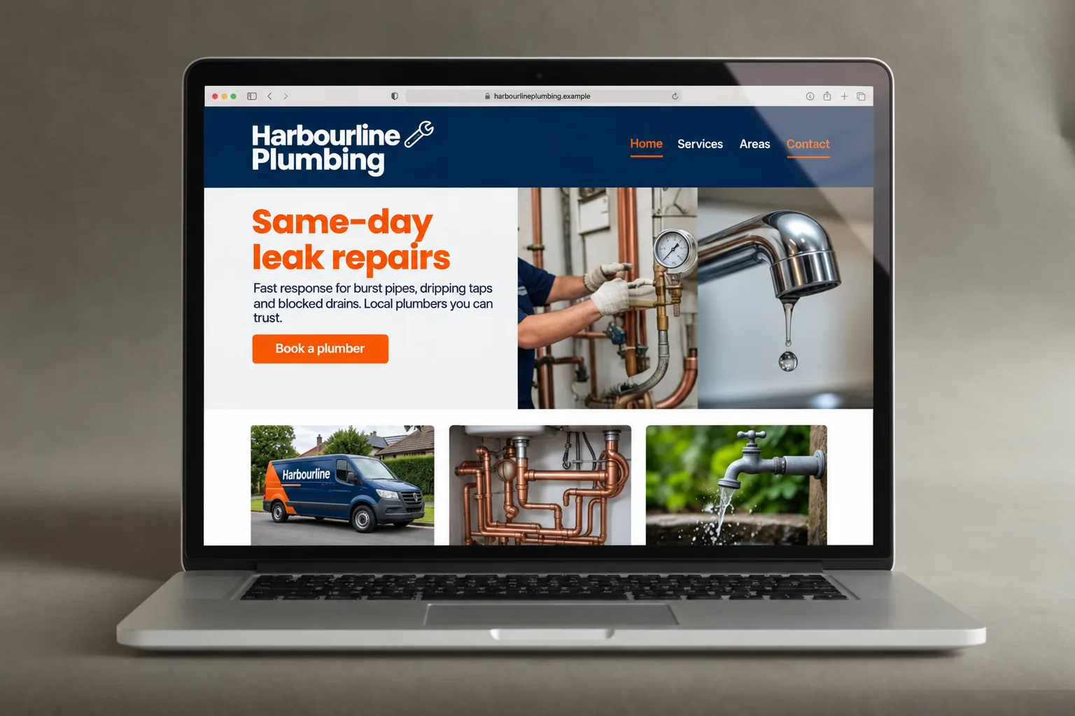 Harbourline Plumbing concept website with service information and a booking button
