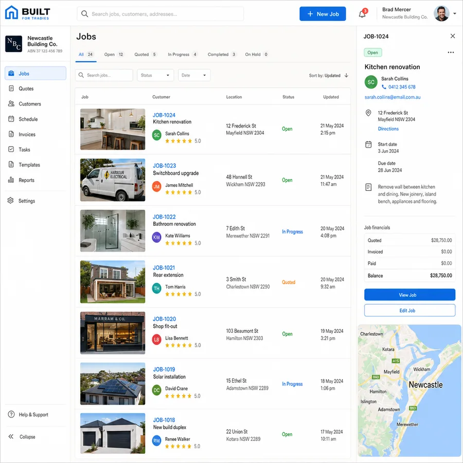 A business portal listing customer jobs, quotes and their status, of the kind built rather than assembled