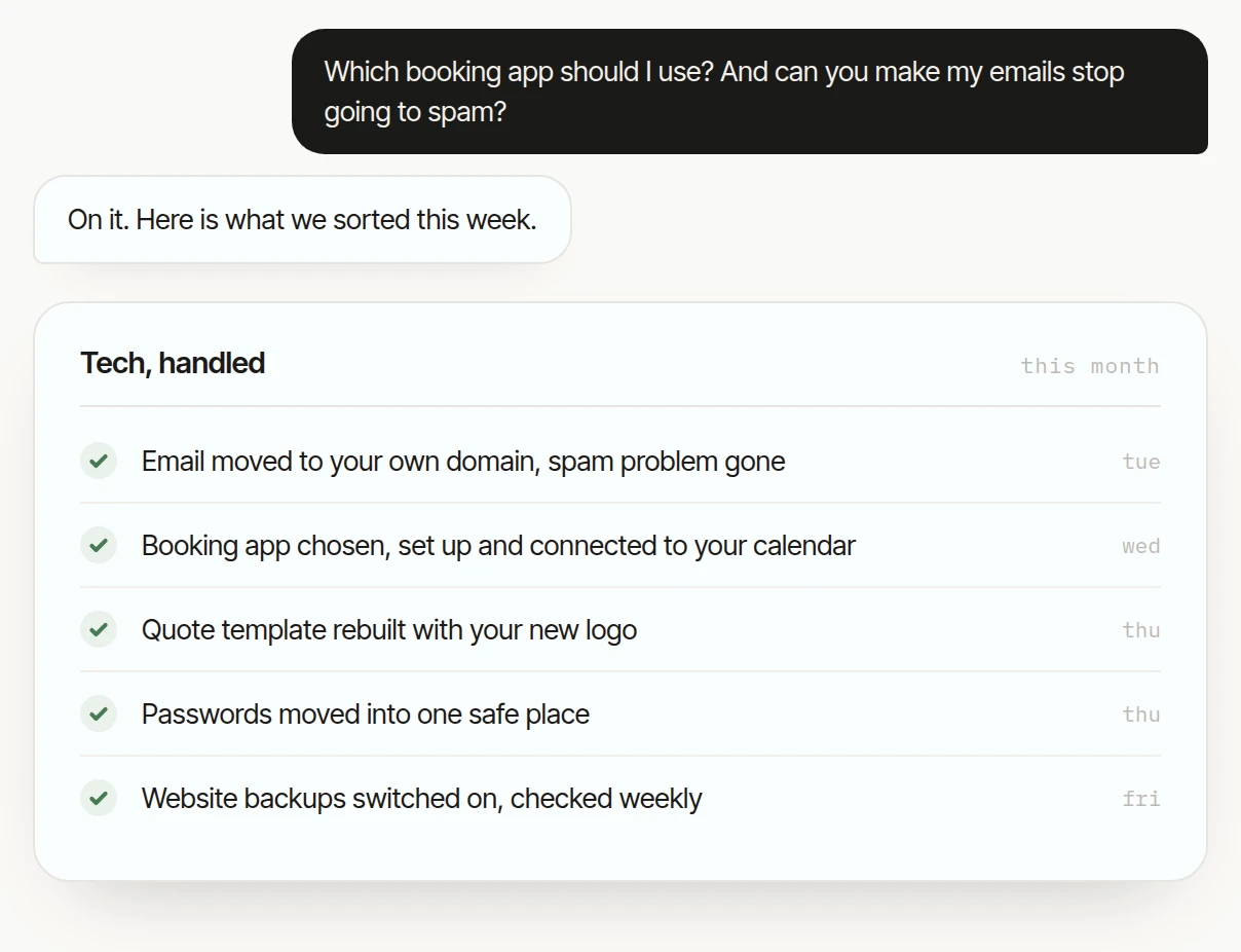 A list of technical handover items: email on your own domain, logins in one place, backups switched on