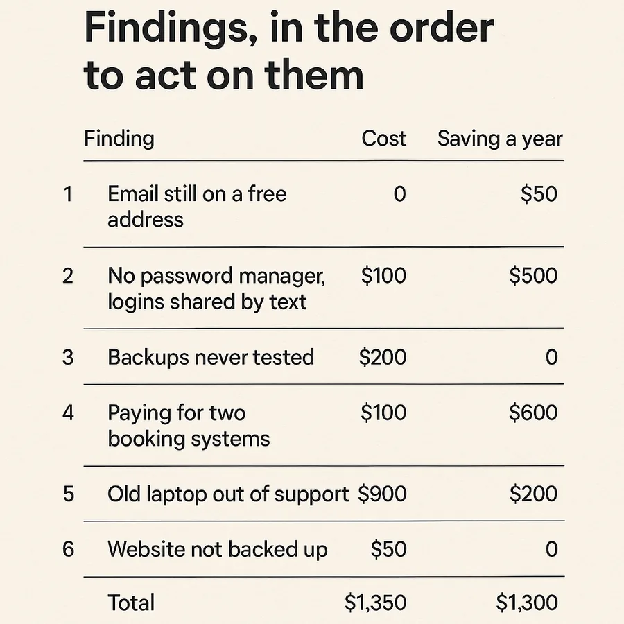A list of technology findings for a small business, each with what it costs to fix and what it saves in a year, including untested backups and a site with no backup at all