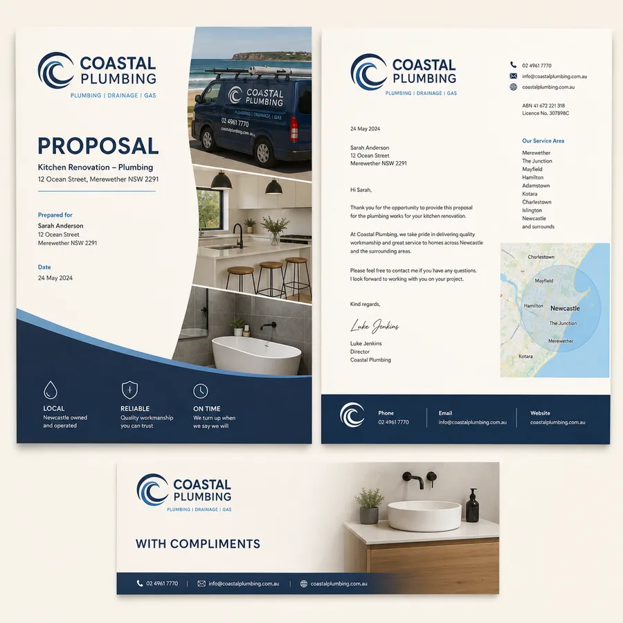 The same page of a business site shown before and after a redesign, first as plain typed lines and then set with a logo and proper spacing