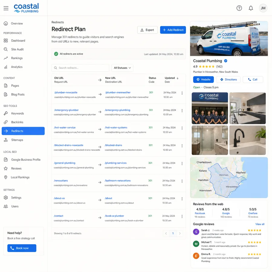 A written redirect plan listing each old page address beside the new page replacing it