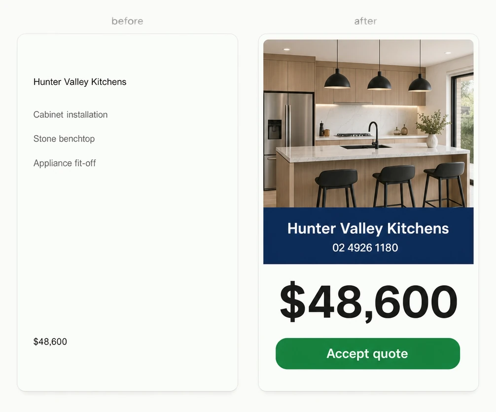 The same kitchen quote shown twice, first as a plain typed list and then as a priced page with an accept button on it