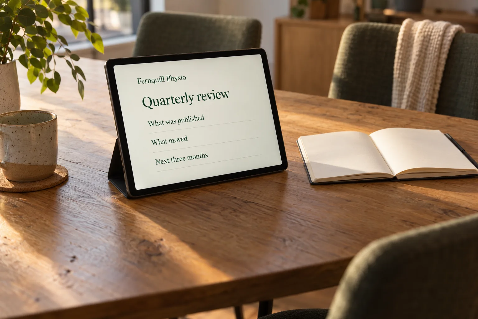 A tablet on a meeting table showing a Fernquill Physio quarterly review screen concept