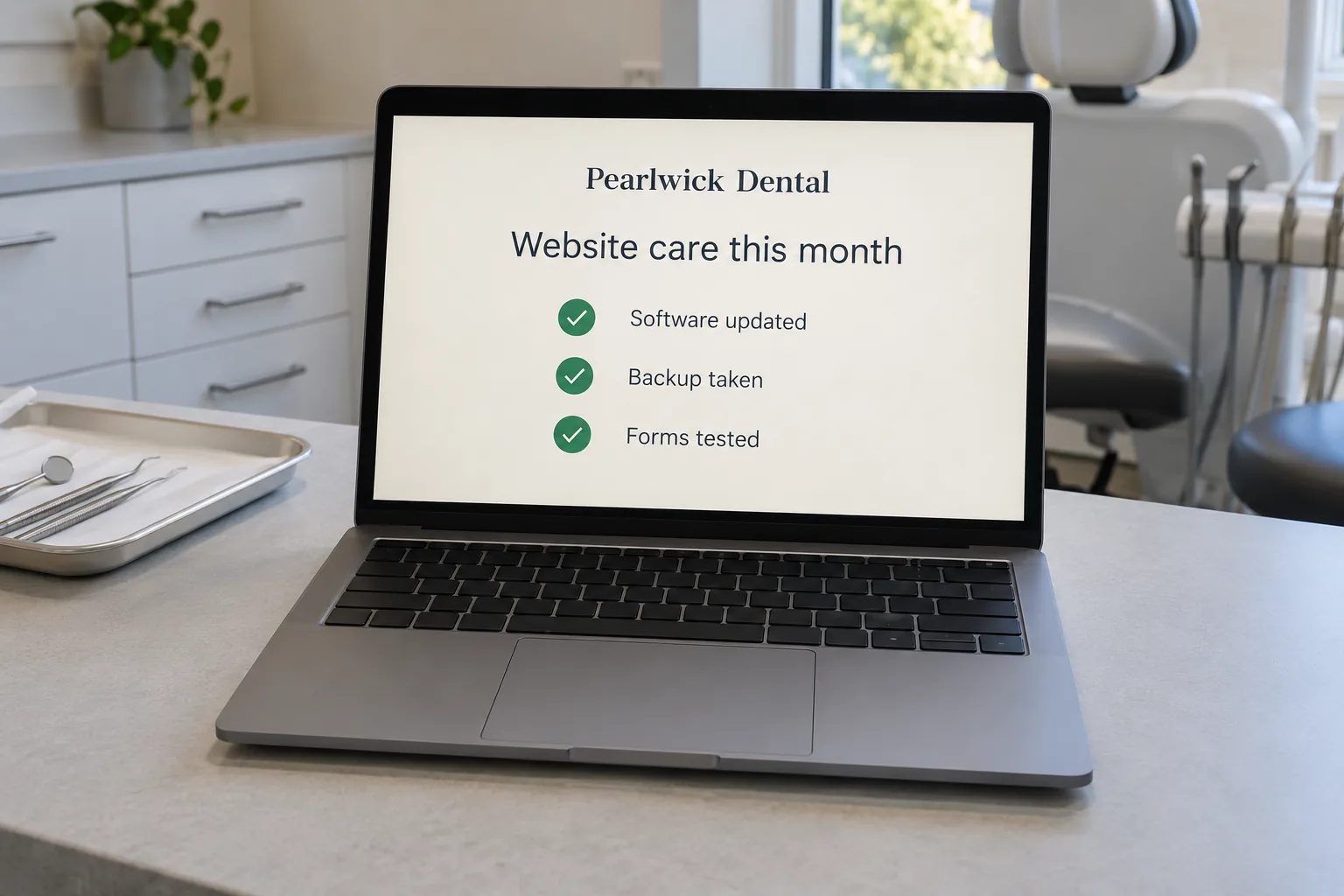 A laptop on a dental clinic desk showing a Pearlwick Dental website care checklist concept