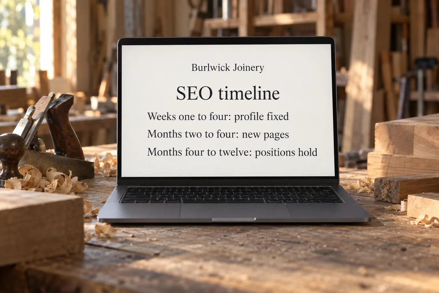 A laptop on a joinery workshop bench showing a Burlwick Joinery SEO timeline concept