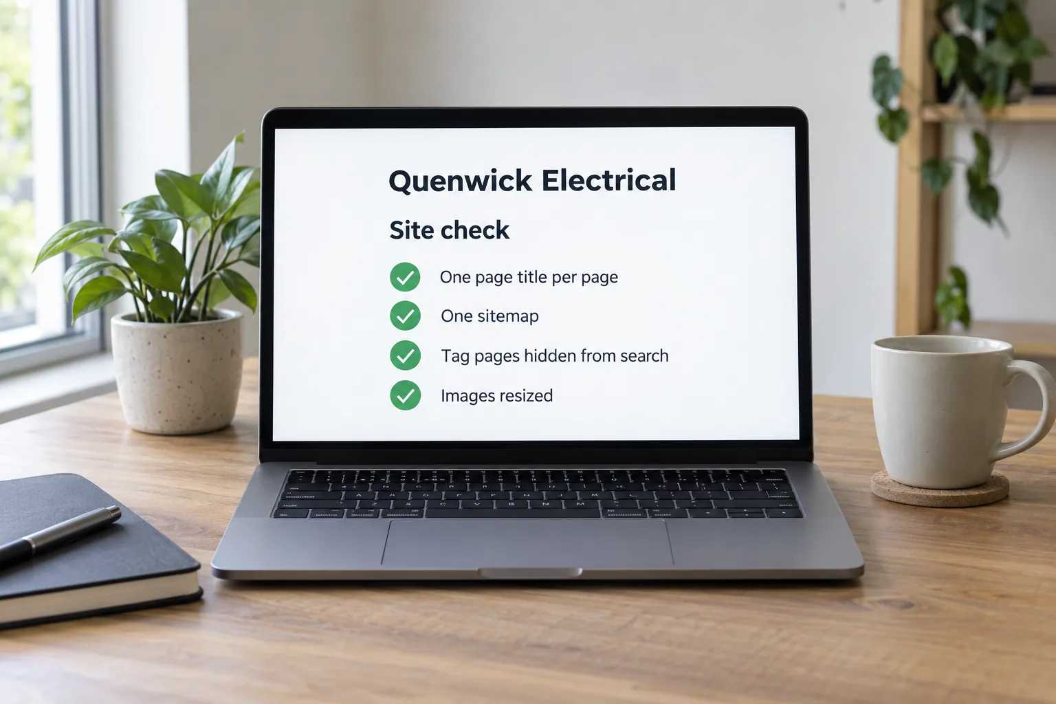 A laptop showing a Quenwick Electrical site check concept