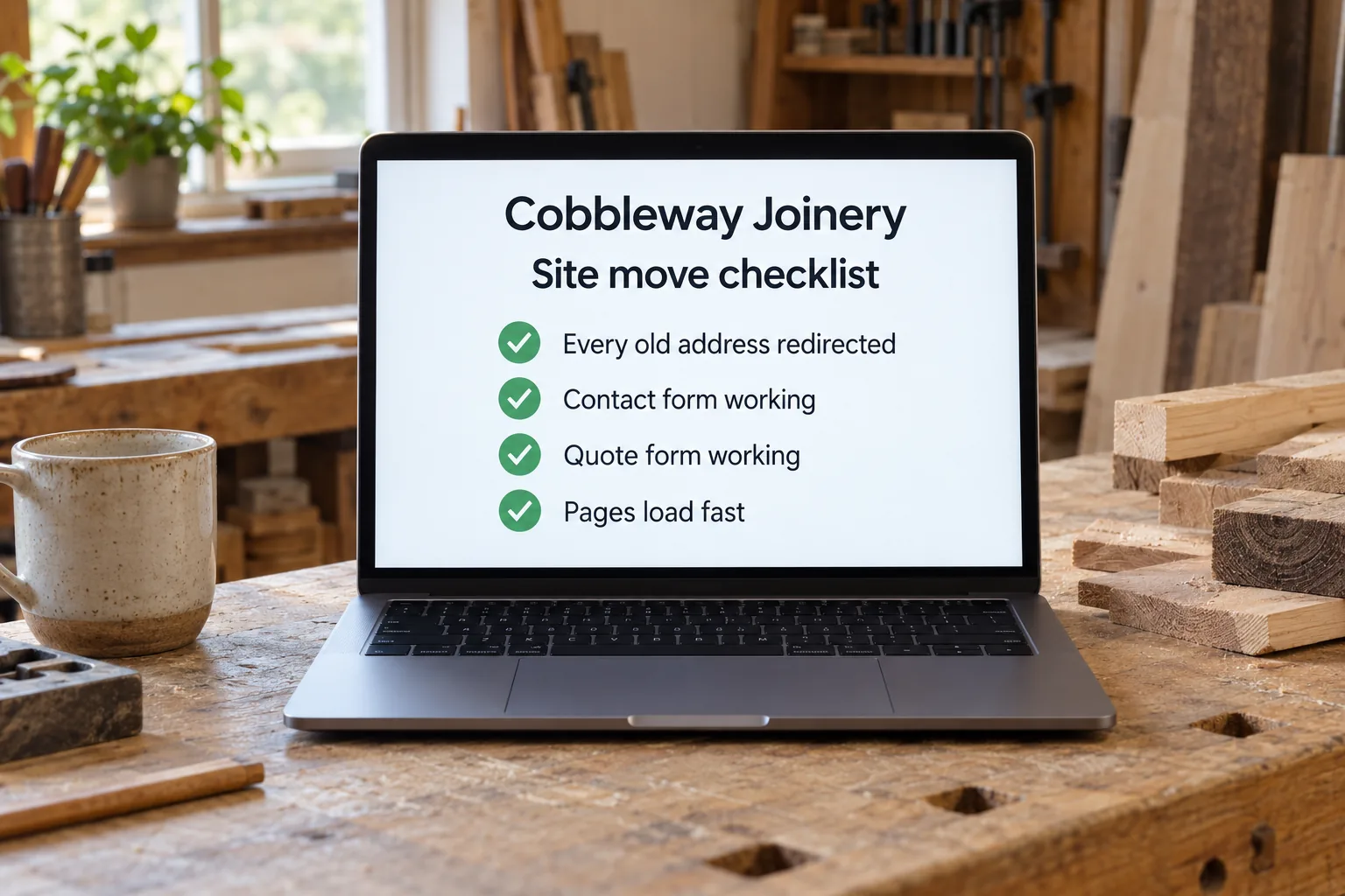 A laptop showing a Cobbleway Joinery site move checklist concept