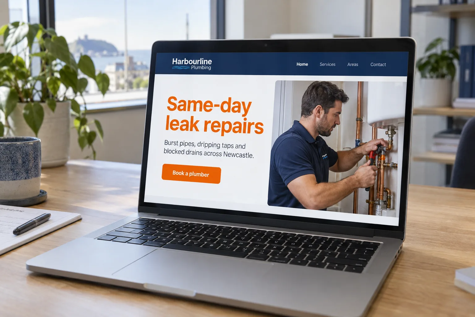 Harbourline Plumbing concept website showing a service description, navigation and booking action